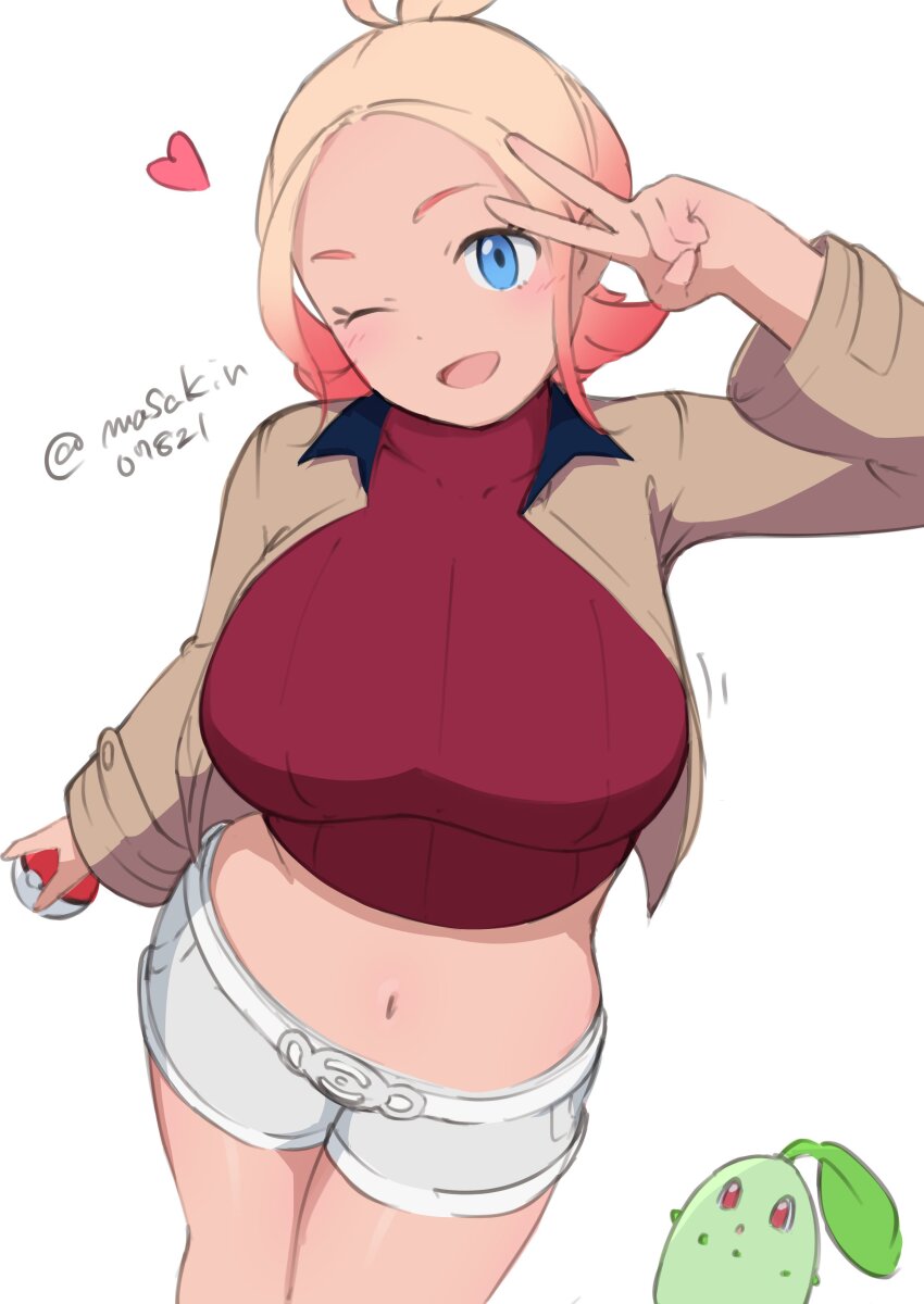 1girl absurdres belt blonde_hair blue_eyes brown_jacket chikorita crop_top cropped_jacket gen_2_pokemon hair_up heart highres holding holding_poke_ball jacket masakin navel nintendo one_eye_closed open_clothes open_jacket open_mouth poke_ball pokemon pokemon_legends:_z-a red_sweater short_shorts shorts smile solo standing sweater taunie_(pokemon) twitter_username v v_over_eye white_background white_shorts wink