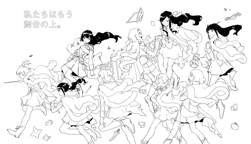 6+girls aijou_karen bad_id bad_twitter_id closed_eyes closed_mouth daiba_nana everyone greyscale hanayagi_kaoruko highres hoshimi_junna inactive_account isurugi_futaba jacket jacket_on_shoulders kagura_hikari long_hair long_sleeves looking_at_another monochrome multiple_girls open_mouth pleated_skirt saijou_claudine short_hair shoujo_kageki_revue_starlight skirt smile suiso_(owp) tendou_maya translation_request tsuyuzaki_mahiru two_side_up walking white_background