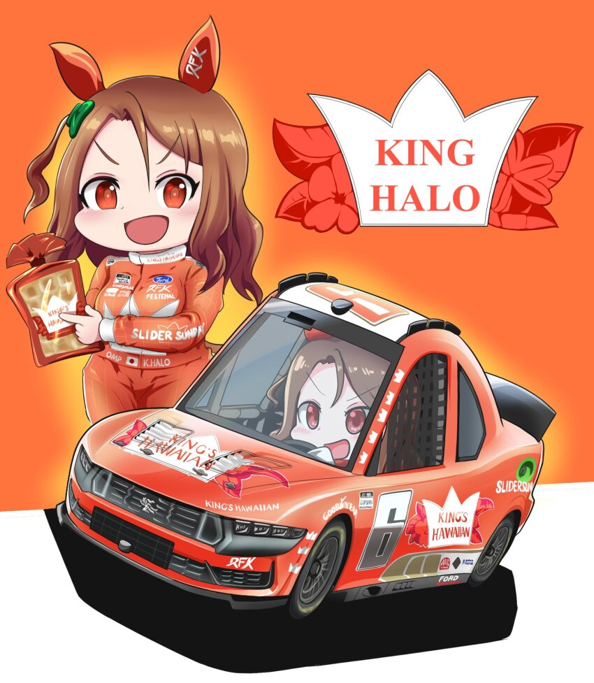 animal_ears bow brad_keselowski brad_keselowski_(cosplay) brand_name_imitation bread car chibi cosplay ear_covers food ford ford_mustang ford_mustang_s650 green_bow hair_bow highres holding horse_ears horse_girl horse_tail japanese_flag jumpsuit king&#039;s_hawaiian king_halo_(umamusume) motor_vehicle name_connection nascar orange_background orange_eyes orange_jumpsuit pointing race_vehicle racecar real_life sakusan_(ss-awesome) smile tail umamusume v-shaped_eyebrows vehicle_focus