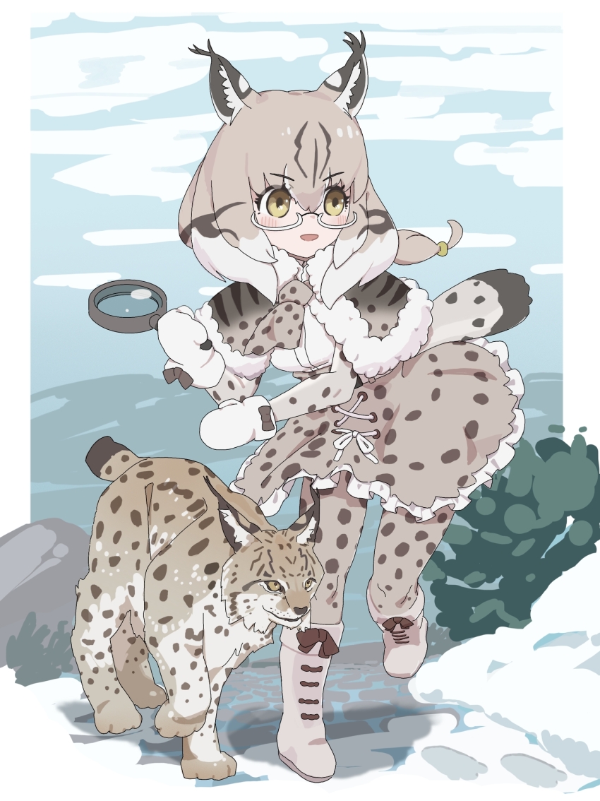 1girl animal_print blush boots cat_print commentary_request creature_and_personification elbow_gloves eurasian_lynx_(kemono_friends) fur_trim gloves green_eyes grey_hair high-waist_skirt highres kemono_friends kunikuni_(kunihiro2005) long_hair lynx lynx_ears lynx_girl lynx_tail magnifying_glass mittens multicolored_hair necktie personification print_capelet print_gloves print_necktie print_skirt print_thighhighs semi-rimless_eyewear shirt sidelocks skirt solo thighhighs white_boots white_fur white_hair white_mittens white_shirt