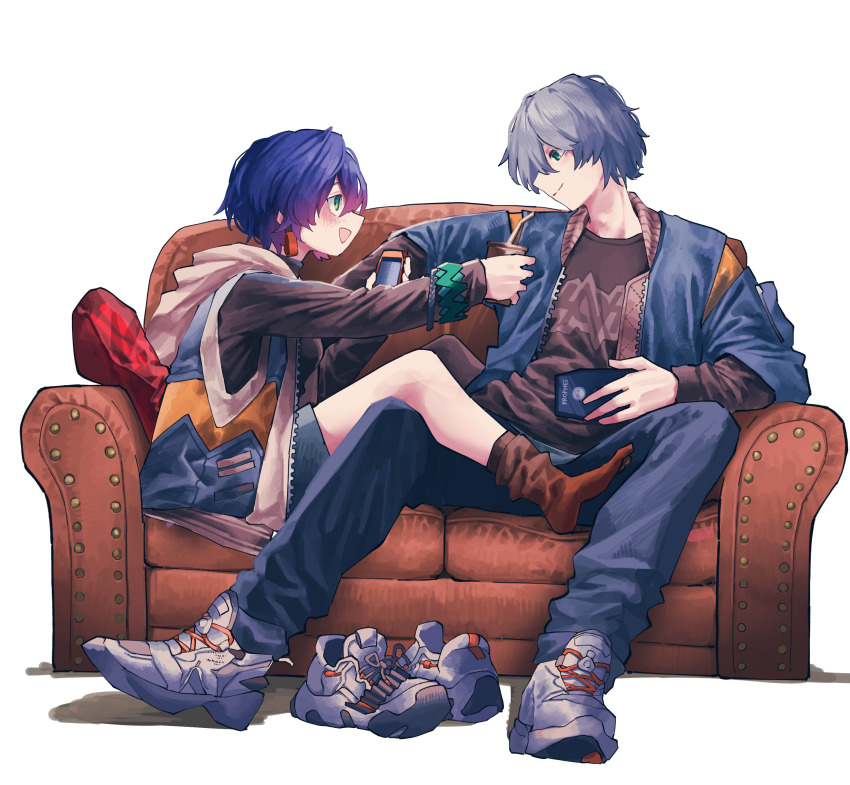 1boy 1girl absurdres belle_(zenless_zone_zero) black_shirt blue_hair blue_jacket blue_pants blush bracelet brother_and_sister brown_socks commentary couch cup earrings giving green_eyes grey_hair highres holding holding_cup holding_phone jacket jewelry looking_at_another open_mouth pants phone pillow shirt shoes short_hair siblings smile sneakers socks spread_legs unworn_shoes vivo_(vivo_sun_0222) wise_(zenless_zone_zero) zenless_zone_zero zipper