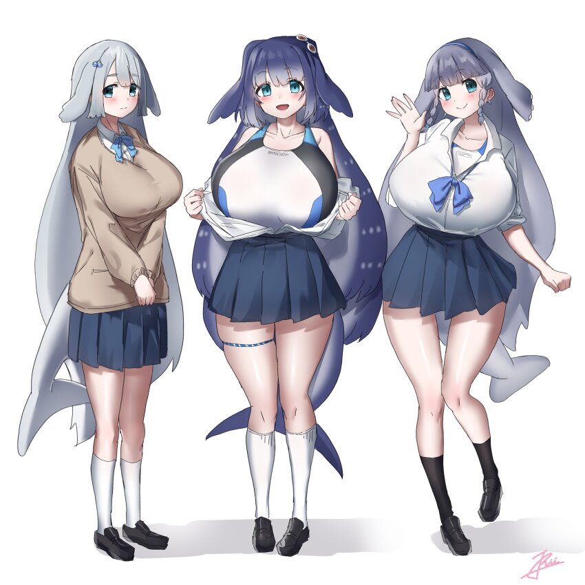 3girls american_manatee_(kemono_friends) blue_eyes blue_hair blush breasts cetacean_tail collared_shirt dugong_(kemono_friends) fins fish_tail grey_hair hair_ornament head_fins highres huge_breasts kemono_friends kemono_friends_3 long_hair looking_at_viewer manatee_girl mogurii multicolored_hair multiple_girls pleated_skirt school_uniform shirt simple_background skirt smile steller&#039;s_sea_cow_(kemono_friends) swimsuit swimsuit_under_clothes tail