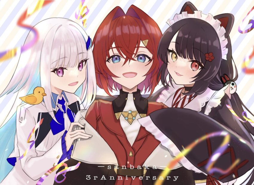 3girls ange_katrina ange_katrina_(1st_costume) animal animal_ears animal_hair_ornament animal_on_shoulder anniversary bird bird_on_shoulder blue_eyes blue_hair blue_neckerchief blurry blurry_foreground blush brown_choker brown_coat brown_hair brown_kimono cardigan choker coat colored_inner_hair commentary_request cross-laced_clothes cross-laced_sleeves crossed_bangs depth_of_field diagonal-striped_background dog_ears english_text flower frills group_name group_picture hair_between_eyes hair_flower hair_intakes hair_ornament hand_on_another&#039;s_shoulder haruwo heterochromia highres inui_toko inui_toko_(1st_costume) japanese_clothes kaburaki_roco kaburaki_roco_(1st_costume) kimono lize_helesta lize_helesta_(1st_costume) long_bangs long_hair long_sleeves looking_at_viewer maid_headdress multicolored_hair multiple_girls neckerchief nijisanji off_shoulder open_mouth purple_eyes red_cardigan red_eyes red_hair sanbaka_(nijisanji) sebastian_piyodore short_hair shrug_(clothing) sidelocks smile streamers striped_background swept_bangs triangle_hair_ornament two-tone_hair typo upper_body very_long_hair virtual_youtuber white_hair white_headdress white_shrug yellow_bird yellow_eyes