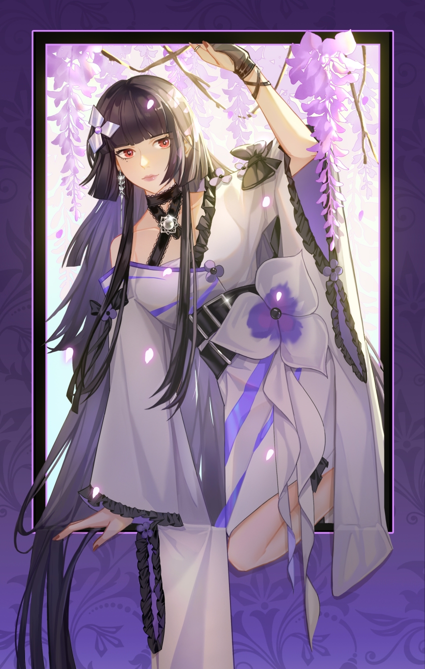 1girl absurdres aji_(a.ki) artist_glove black_gloves black_hair blunt_bangs blunt_ends branch brooch chinese_commentary climbing collarbone commentary earrings falling_petals flower gloves glowing glowing_petals highres hime_cut japanese_clothes jewelry kimono knee_up long_hair looking_at_viewer mole mole_under_eye pansy partially_fingerless_gloves path_to_nowhere petals pink_lips pink_petals purple_flower purple_kimono purple_pansy red_eyes ribbon-trimmed_kimono ribbon_trim ring shuriken_hair_ornament single_bare_shoulder single_earring single_off_shoulder solo sumire_(path_to_nowhere) through_medium very_long_hair wisteria