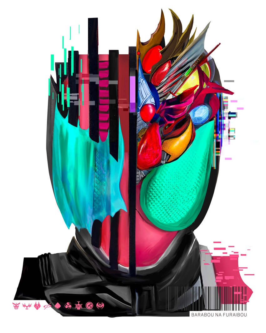 6+boys abstract absurdres armor barcode compound_eyes fusion glitch helmet highres kamen_rider kamen_rider_agito kamen_rider_blade kamen_rider_dcd kamen_rider_decade kamen_rider_den-o kamen_rider_faiz kamen_rider_hibiki kamen_rider_kabuto kamen_rider_kiva kamen_rider_kuuga melting multiple_boys obakelope0530 transformation