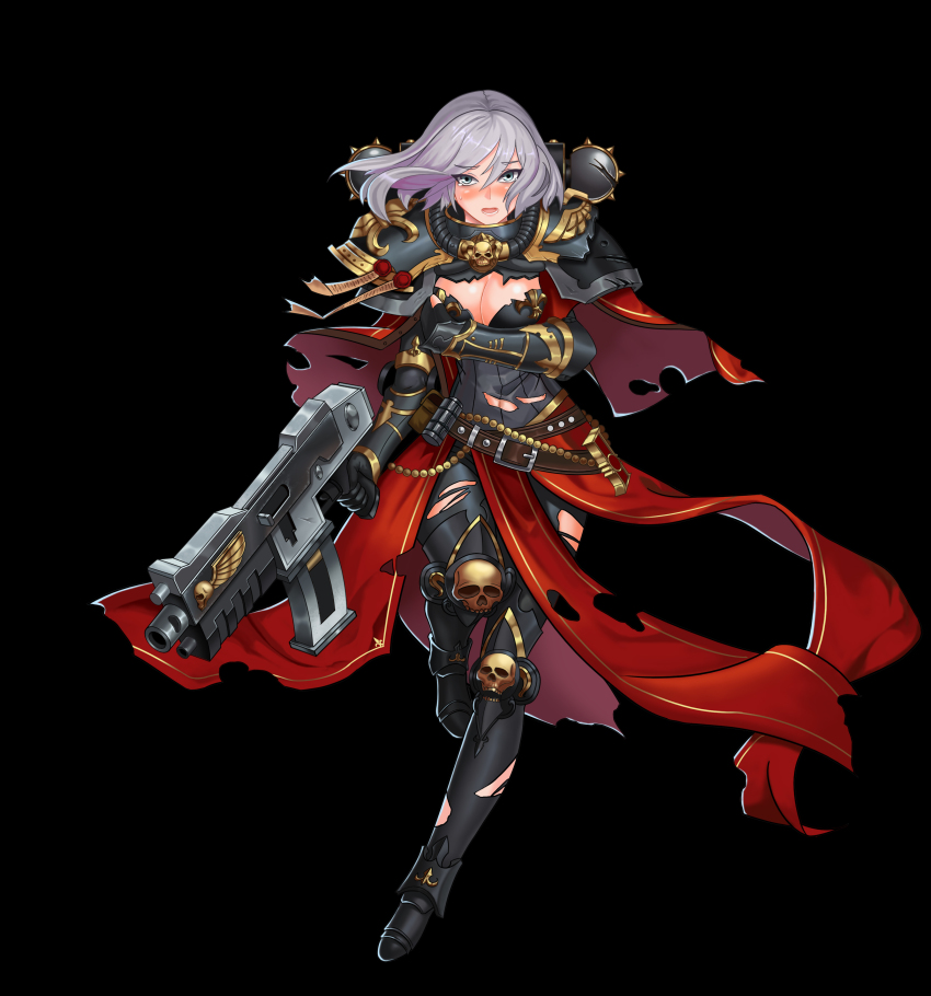 .75_calibre_bolt 1girl absurdres adepta_sororitas anti-materiel_cartridge armor armored_boots black_background blush bolt_(warhammer_40k) bolter boots female_focus fleur-de-lis full_body greaves grey_eyes grey_hair gun high-explosive_cartridge highres holding holding_gun holding_weapon looking_at_viewer medium_hair moonface open_mouth pauldrons power_armor purity_seal rocket-assisted_projectile shoulder_armor simple_background skull solo sweat torn_clothes vambraces warhammer_40k weapon window_magazine