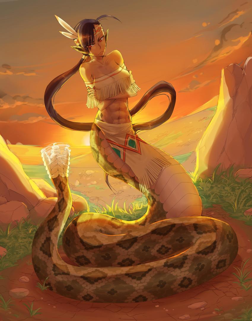 1girl abs absurdres afterimage annoyed asymmetrical_bangs backlighting black_hair cloud crossed_arms facing_viewer female_focus full_body gamera_(artist) hair_tie headband headdress highres lamia loincloth long_hair looking_at_viewer midriff monster_girl native_american native_american_clothes native_american_headdress no_panties outdoors pointy_ears ponytail rattlesnake red_eyes sky slit_pupils snake_tail solo sunset tail tribal twilight very_long_hair