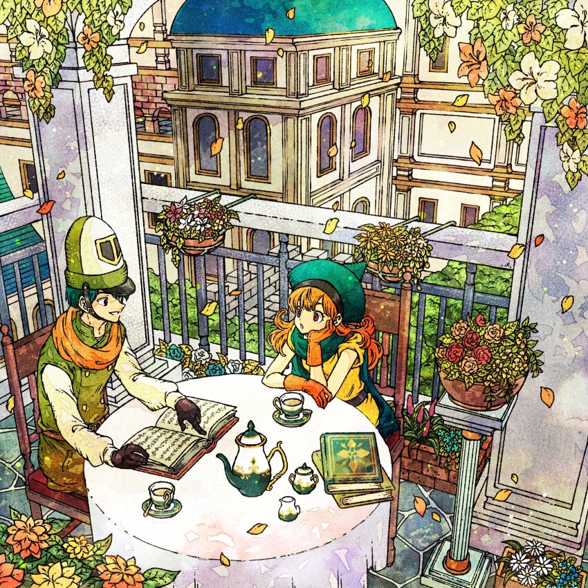1boy 1girl alena_(dq4) black_gloves blue_hair blue_hat blue_scarf book buttons clift cup double-breasted dragon_quest dragon_quest_iv falling_leaves gloves green_hat green_tunic hanging_plant hat head_on_hand highres leaf long_hair looking_at_another mitre open_book orange_gloves orange_hair orange_scarf parted_lips reading scarf shirt short_hair sitting smile table teacup teapot toriga town tunic white_shirt yellow_tunic