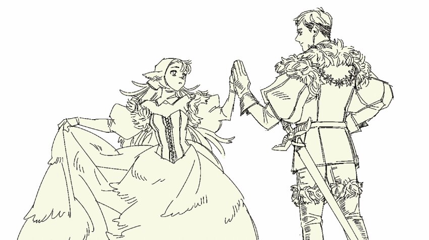 1boy 1girl aliasing bags_under_eyes belt bodice clothes_lift cowboy_shot dancing dress dress_lift dungeon_meshi elf fur_trim gloves hand_on_another&#039;s_hand highres hood kensuke_(dungeon_meshi) laios_touden long_hair looking_at_another marcille_donato marcille_donato_(lord) official_alternate_costume parted_lips pointy_ears puffy_sleeves rivaeri short_hair smile sword weapon white_background