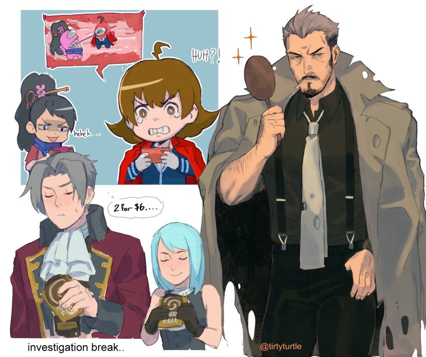 &gt;:( ace_attorney ace_attorney_investigations ace_attorney_investigations:_miles_edgeworth ace_attorney_investigations_2:_prosecutor&#039;s_gambit ahoge among_us ascot black_gloves black_hair black_pants black_shirt blue_hair blue_scarf brown_eyes brown_hair cake candy coat collage crewmate_(among_us) eating facial_hair food franziska_von_karma gloves grey_hair highres holding holding_food holding_mirror ichiyanagi_yumihiko impostor_(among_us) jacket jacket_on_shoulders kay_faraday key_hair_ornament light_blue_hair lollipop miles_edgeworth mirror necktie pants parted_bangs ponytail red_coat scarf shirt short_hair suspenders swiss_roll tearing_up tirtyturtle torn_clothes tyrell_badd v-shaped_eyebrows white_ascot white_necktie