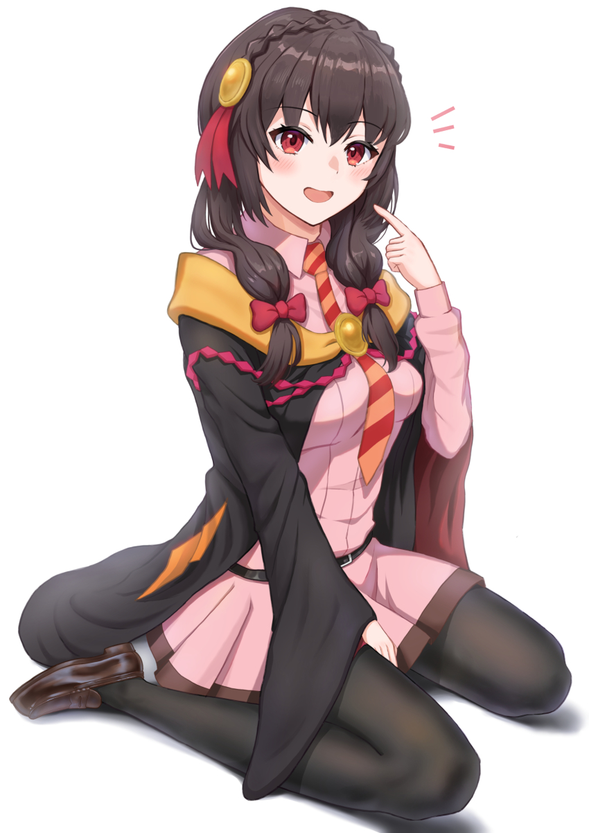 1girl absurdres belt black_cloak black_hair black_pantyhose blush braid brown_shoes cloak commentary crown_braid diagonal-striped_clothes diagonal-striped_necktie dress full_body hair_ornament highres isome kono_subarashii_sekai_ni_bakuen_wo! kono_subarashii_sekai_ni_shukufuku_wo! loafers long_hair long_sleeves looking_at_viewer low_twintails necktie open_mouth orange_necktie pantyhose pink_dress pink_skirt pleated_dress pointing pointing_at_self red_eyes red_necktie red_prison_magic_school_uniform school_uniform shoes simple_background sitting skirt solo striped_clothes twintails two-tone_necktie wariza white_background wide_sleeves yunyun_(konosuba)