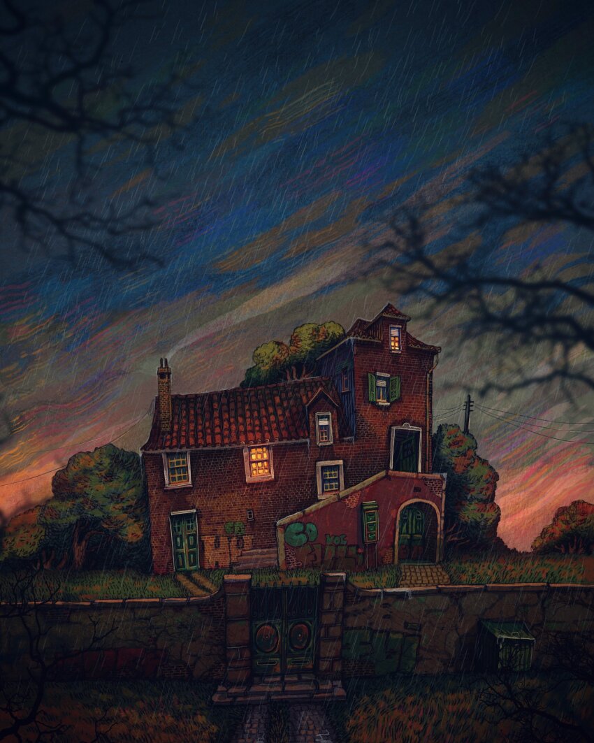 branch chimney door drainpipe francisco_fonseca gate graffiti highres house no_humans open_window open_window_shutter original postbox_(outgoing_mail) power_lines rain rooftop tree window window_blinds window_light window_shutter