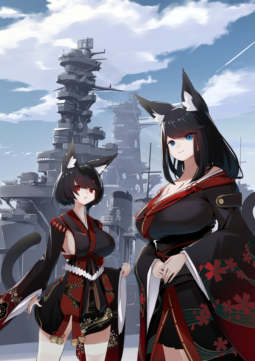 2girls absurdres animal_ear_fluff animal_ears azur_lane bare_shoulders battleship black_hair breasts cat_ears cat_girl cleavage cloud cowboy_shot floral_print floral_print_kimono fusou_(azur_lane) fusou_(battleship) highres japanese_clothes kimono large_breasts long_hair long_sleeves military_vehicle multiple_girls outdoors personification print_kimono satsukitou ship short_hair siblings sideboob sisters thighhighs vehicle_and_personification warship watercraft white_thighhighs wide_sleeves yamashiro_(azur_lane) yamashiro_(battleship) zettai_ryouiki