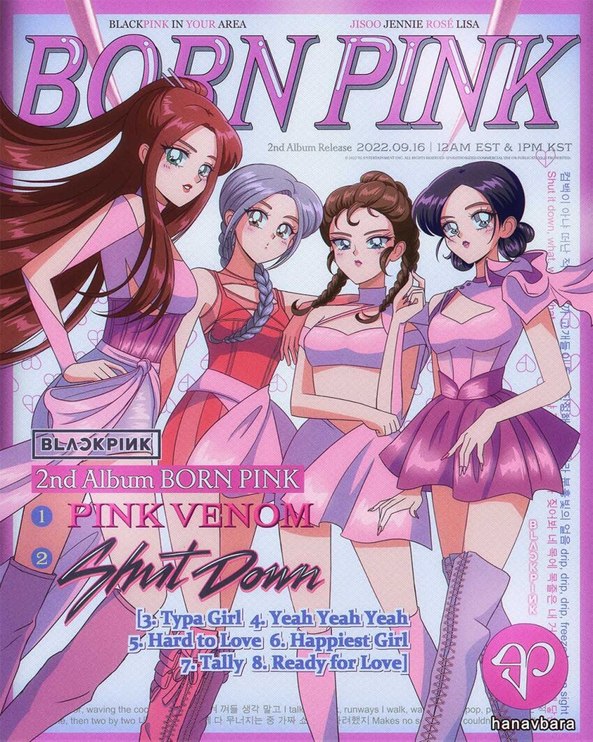 4girls album_name animification artist_name blackpink boots braid braided_ponytail braided_twintails brown_hair commentary double_bun dress english_commentary group_name hair_bun hanavbara hand_on_own_hip highres jennie_(blackpink) jisoo_(blackpink) k-pop lisa_(blackpink) long_hair looking_at_viewer multiple_girls pink_boots pink_skirt pink_theme ponytail purple_hair real_life red_hair rose_(blackpink) sidelocks skirt sleeveless sleeveless_dress song_name thigh_boots