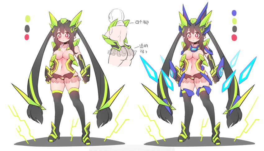1girl armor ass belt black_armor black_footwear black_gloves black_hair black_panties blue_armor blush boots breasts choker cleavage collarbone crystal ditienan_ddn dual_persona electricity from_behind gloves green_armor green_hair headpiece high_heels kamen_rider kamen_rider_01_(series) kamen_rider_zero-one large_breasts long_hair multicolored_hair navel panties personification pointy_ears red_eyes revealing_clothes rider-tan rider_belt see-through_clothes see-through_skirt shining_assault_hopper shining_hopper shoulder_pads skirt standing streaked_hair thigh_boots thighhighs twintails two-tone_hair underwear white_background zero_one_driver