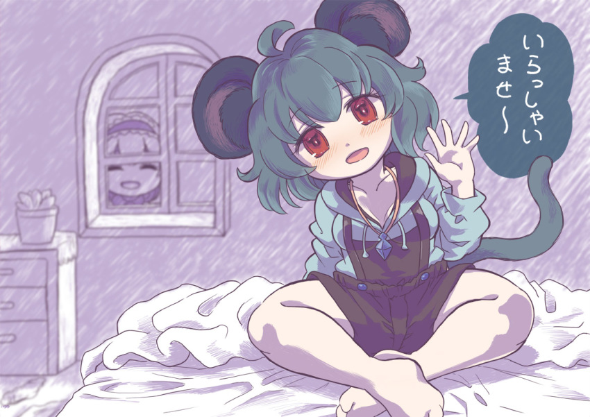 2girls ahoge alice_margatroid animal_ears barefoot blush collarbone cookie_(touhou) closed_eyes feet grey_hair ichigo_(cookie) indoors jewelry long_sleeves looking_at_viewer mouse_ears mouse_girl mouse_tail multiple_girls nazrin necklace nyon_(cookie) open_mouth red_eyes short_hair sitting smile speech_bubble tail toes touhou translation_request tsuzuchii window