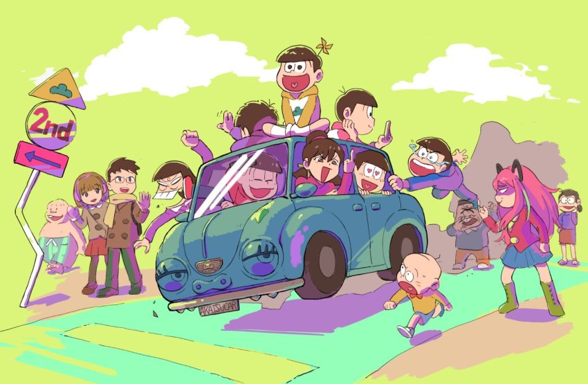 10s 4girls 6+boys arm_behind_head bad_id bad_twitter_id boots brothers buck_teeth car cellphone chibita couple dayoon driving facial_hair family glasses_boy_(osomatsu-san) green_background hashimoto_nyaa heart heart-shaped_pupils heart_in_mouth isa_(garashi) iyami matsuno_choromatsu matsuno_ichimatsu matsuno_jyushimatsu matsuno_karamatsu matsuno_matsuyo matsuno_matsuzou matsuno_osomatsu matsuno_todomatsu middle_finger motor_vehicle multiple_boys multiple_girls mustache on_car osomatsu-kun osomatsu-san osomatsu_(series) phone pinwheel road_sign scarf sextuplets short-haired_girl_(osomatsu-san) siblings sign simple_background smartphone symbol-shaped_pupils teeth waving yowai_totoko