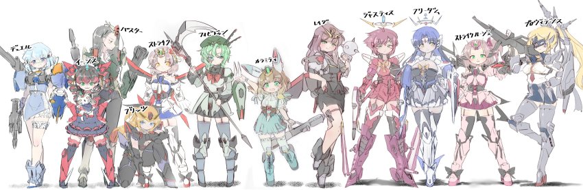 6+girls absurdres aegis_gundam aile_strike_gundam animal animalization aqua_skirt bangs_pinned_back beam_rifle black_hair black_skirt blitz_gundam blonde_hair blue_eyes blue_hair blunt_bangs breasts brown_hair buster_gundam calamity_gundam cat character_name cleavage crossed_legs dated drill_hair duel_gundam energy_gun forbidden_gundam freedom_gundam glasses green_eyes gun gundam gundam_seed halo hand_on_own_hip highres holding holding_animal holding_cat holding_gun holding_mace holding_scythe holding_shield holding_weapon justice_gundam large_breasts long_hair looking_at_viewer looking_down mace mask mecha_musume multicolored_hair multiple_girls personification pink_hair providence_gundam raider_gundam red_hair scythe shield short_hair skindentation skirt smile standing standing_on_one_leg strike_gundam strike_rouge thighhighs twin_drills v-fin weapon yazawa_owl yellow_eyes