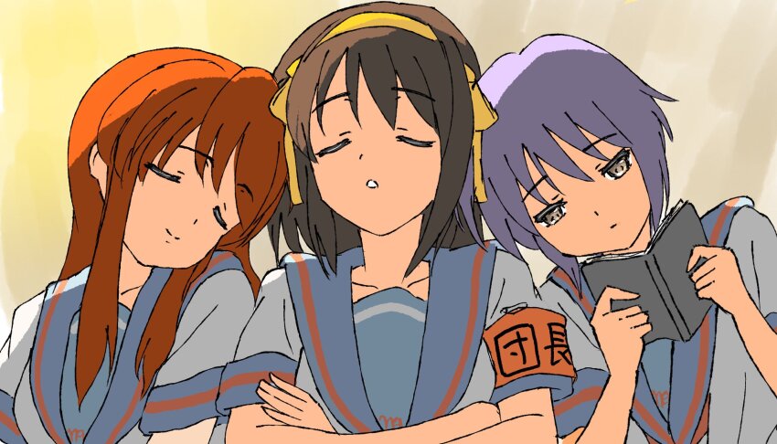 3girls armband asahina_mikuru blue_sailor_collar book breasts brown_hair closed_eyes closed_mouth collarbone commentary crossed_arms hair_between_eyes hair_ribbon hairband head_on_another&#039;s_shoulder highres holding holding_book kita_high_school_uniform medium_hair multiple_girls nagato_yuki open_mouth orange_hair purple_hair red_armband ribbon sailor_collar school_emblem school_uniform shirt short_hair short_sleeves sleeping sleepy small_breasts smile summer_uniform sunlight suzumiya_haruhi suzumiya_haruhi_no_yuuutsu symbol-only_commentary waka_849 white_shirt yellow_background yellow_eyes yellow_hairband yellow_ribbon