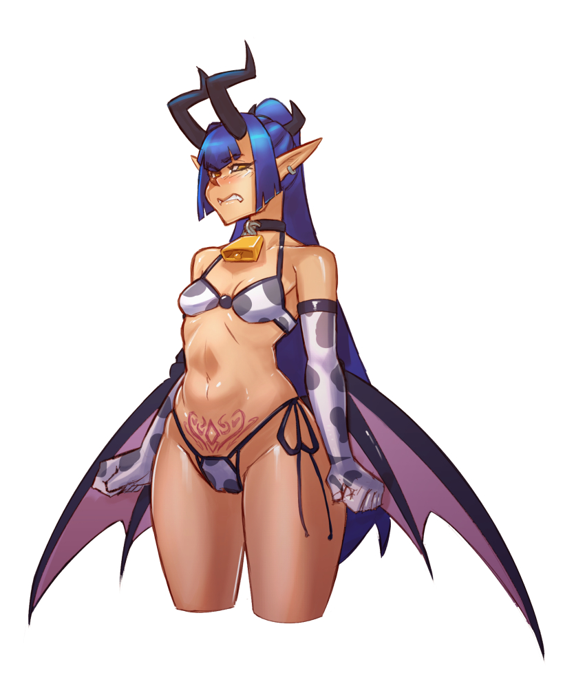 1girl animal_print annoyed arms_at_sides bell bikini black_choker blue_hair blush breasts breasts_apart chinese_zodiac choker clenched_hands clenched_teeth commentary cosmikaizer cow_print cowbell cowboy_shot cropped_legs demon_girl demon_horns demon_wings earrings elbow_gloves english_commentary gloves high_ponytail highres horns jewelry long_hair long_pointy_ears looking_down melody_goetia_(cosmikaizer) navel nose_blush original pointy_ears ponytail pubic_tattoo side-tie_bikini_bottom simple_background small_breasts solo standing swimsuit tattoo teeth very_long_hair white_background wings year_of_the_ox yellow_eyes