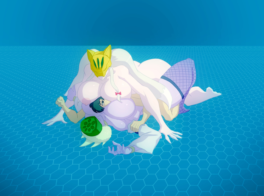 1boy 2girls bigdad biolotusmon breasts colored_skin digimon femdom hetero highres large_breasts lotusmon multiple_girls nipples purple_skin sakuyamon smother white_hair