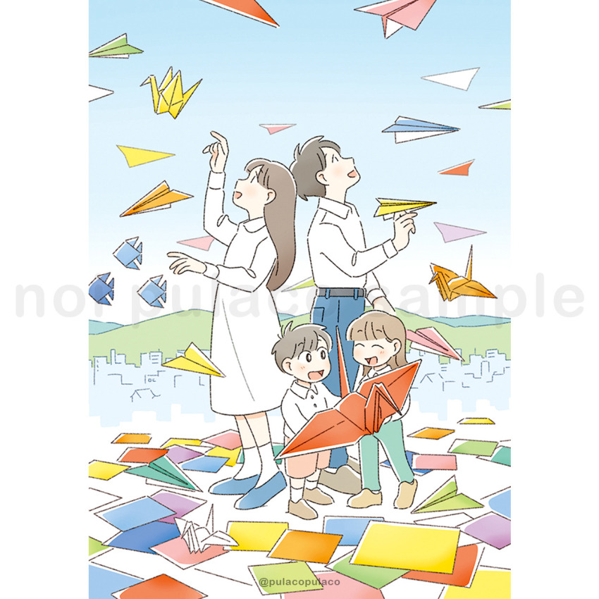 2boys 2girls :d black_hair blue_pants blue_shoes blush brown_hair brown_shoes child closed_eyes collared_shirt commentary_request day dress full_body highres long_hair long_sleeves multiple_boys multiple_girls noi_pulaco open_mouth origami original outdoors pants paper_airplane red_shorts sample_watermark shirt shoes short_hair shorts smile standing tumblr_username watermark white_dress white_shirt
