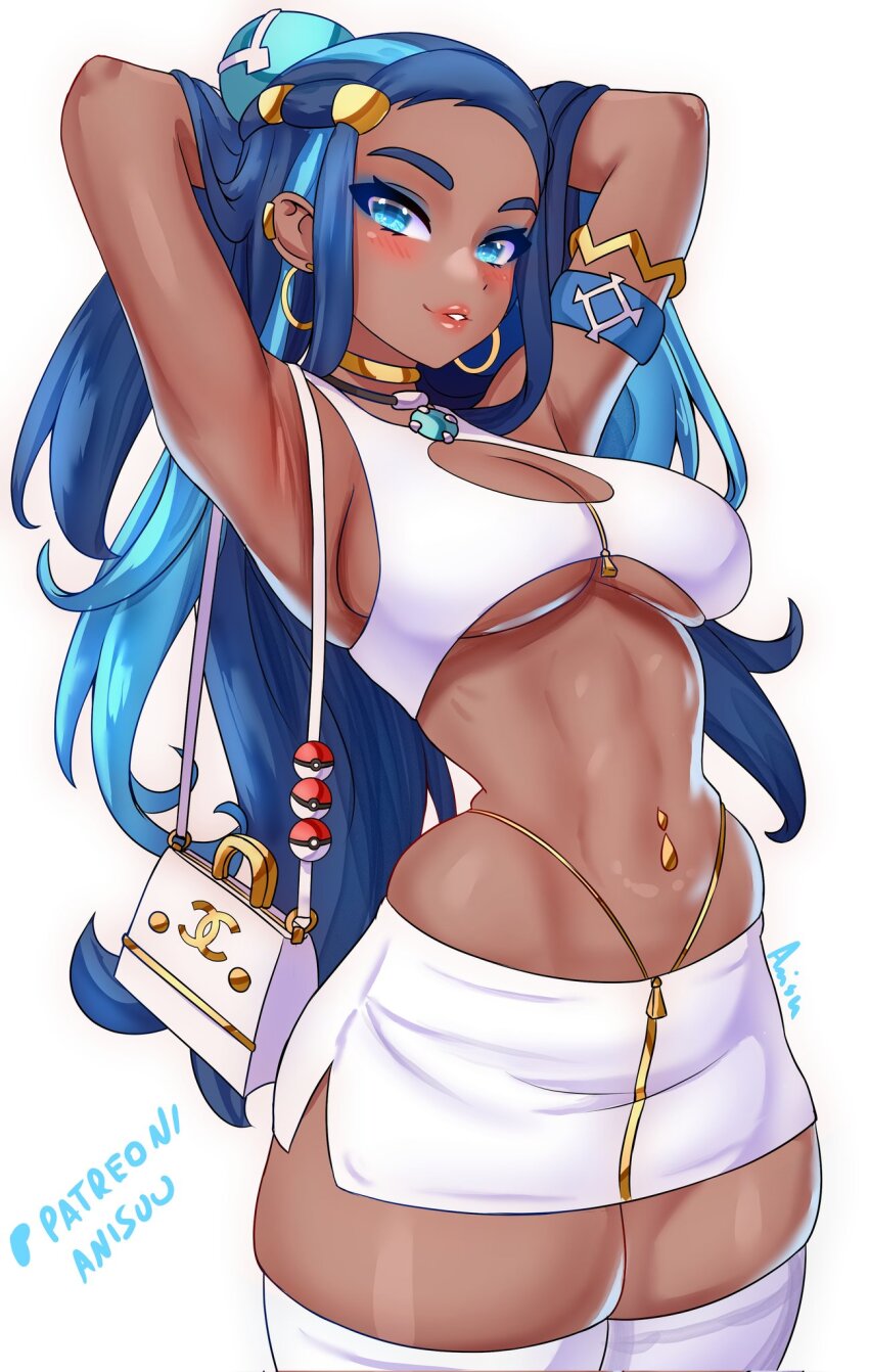 1girl anisdrawn armlet black_hair blue_eyes blue_hair breasts commentary dark-skinned_female dark_skin earrings english_commentary eyeshadow game_freak hair_bun highres hoop_earrings jewelry long_hair looking_at_viewer makeup multicolored_hair navel necklace nessa_(pokemon) nintendo pokemon pokemon_swsh single_hair_bun skirt smile solo tank_top thighhighs two-tone_hair white_bag white_skirt white_tank_top white_thighhighs
