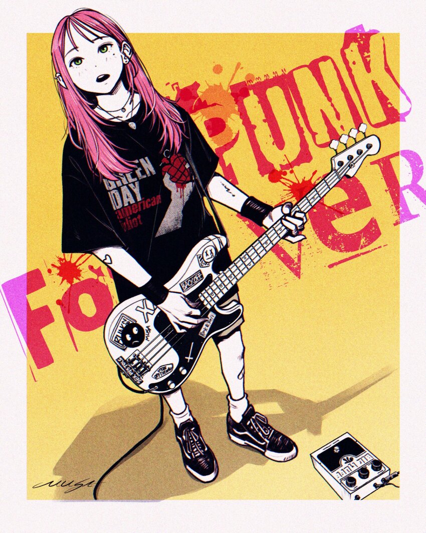 1girl american_idiot audio_cable band_shirt bandaid bandaid_on_leg bass_guitar black_shirt cable commentary effects_pedal english_commentary english_text fender_precision_bass full_body green_day green_eyes highres holding holding_bass_guitar holding_instrument instrument jewelry long_hair merchandise mole mole_under_eye musa_(musa_draws) necklace open_mouth original pink_hair shirt shoes short_sleeves signature sneakers solo sticker t-shirt wristband yellow_background