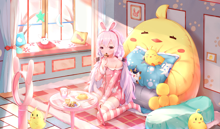 1girl absurdres animal_ears animal_print azur_lane baby_animal bird bladeless_fan breasts carpet character_doll chick cleavage collarbone commentary_request cookie curtains doll eating fake_animal_ears food grey_eyes hair_between_eyes hair_ornament hairband highres holding holding_food huge_filesize laffey_(azur_lane) laffey_(sleep_to_clean_another_day)_(azur_lane) long_hair long_sleeves low_twintails manjuu_(azur_lane) meng_mian meowfficer_(azur_lane) official_alternate_costume pajamas paw_print plate pudding rabbit_ears rabbit_print sidelocks sitting spoon striped_clothes striped_thighhighs sunlight table thighhighs twintails wariza white_hair window zettai_ryouiki