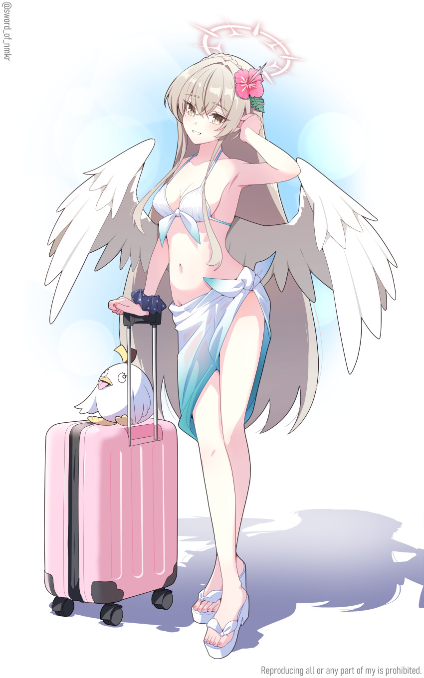 1girl absurdres bikini blue_archive breasts brown_eyes brown_hair cleavage collarbone commentary_request feathered_wings flower groin hair_flower hair_ornament halo high_heel_sandals highres long_hair looking_at_viewer medium_breasts murasame_(sword_of_nmkr) nagisa_(blue_archive) navel peroro_(blue_archive) rolling_suitcase sandals sarong shadow smile solo standing stomach suitcase swimsuit tucking_hair twitter_username very_long_hair white_bikini white_sandals white_wings wings wristband