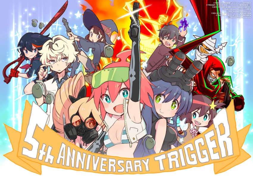 10s 5boys 6+girls agata_katsuhira andou_jurai anniversary bikini bikini_top_only company_connection crossover frag_(trigger) fujikido_kenji gas_mask goggles hat inferno_cop inferno_cop_(character) inou-battle_wa_nichijou-kei_no_naka_de kagari_atsuko kill_la_kill kiznaiver little_witch_academia luluco machspeed_(character) mago mask matoi_ryuuko multiple_boys multiple_crossover multiple_girls muzzle_(trigger) ninja ninja_slayer official_art scissor_blade_(kill_la_kill) sex_&amp;_violence_with_machspeed sex_and_violence_with_machspeed spring_(trigger) swimsuit trigger-chan trigger_(company) twintails uchuu_patrol_luluco witch_hat