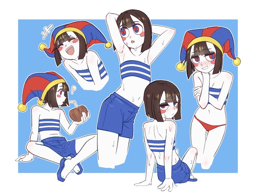 1girl alternate_costume blue_eyes brown_hair gloves hat highres jester jester_cap multicolored_eyes pomni_(the_amazing_digital_circus) red_eyes the_amazing_digital_circus two-tone_eyes vibrantrida