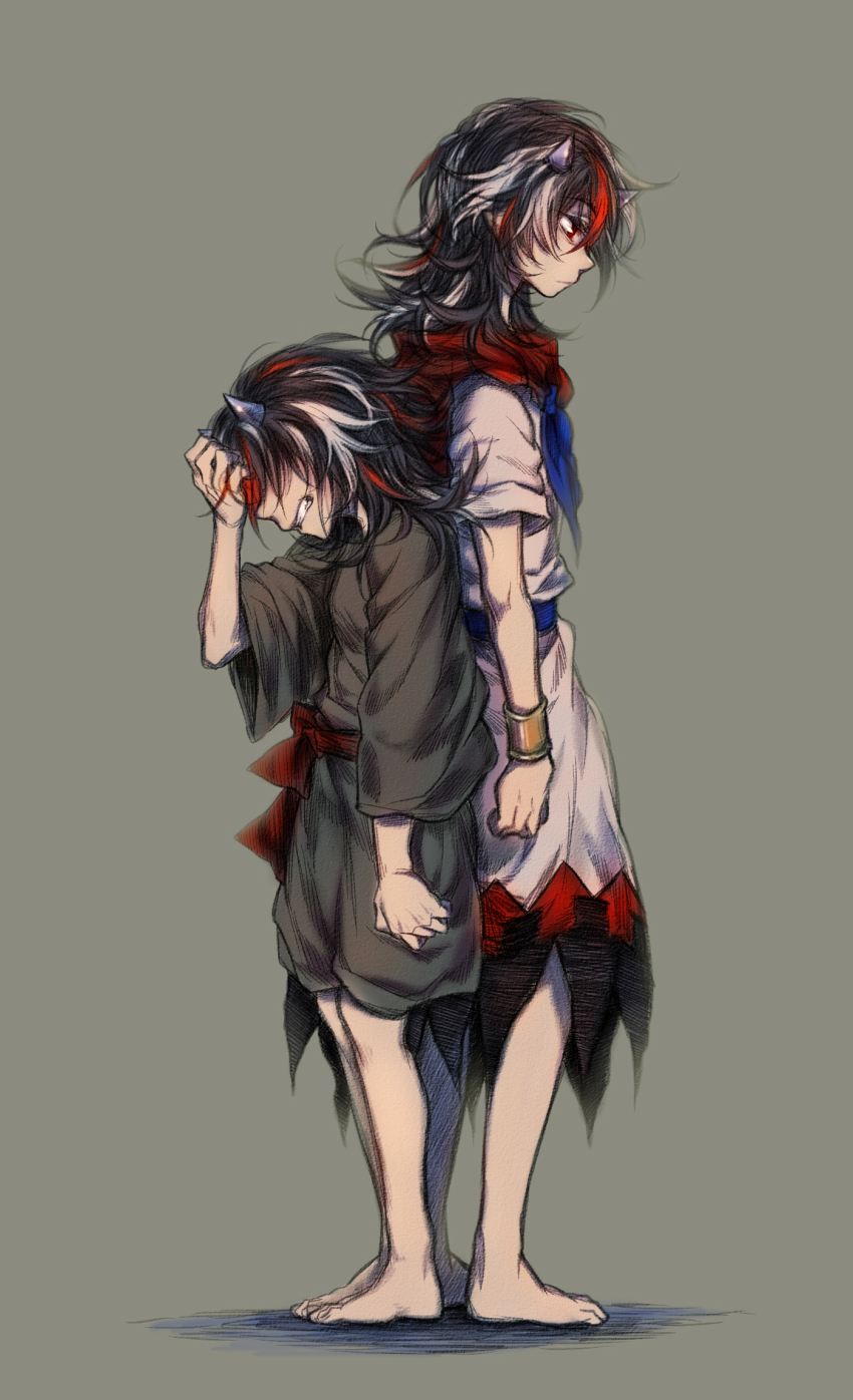 2girls aged_down back-to-back bad_id bad_pixiv_id barefoot black_hair bracelet clenched_teeth cone_horns despair dress dual_persona grey_background grey_horns hand_in_own_hair hand_on_own_head highres horns japanese_clothes jewelry kijin_seija kimono multicolored_hair multiple_girls red_eyes red_hair sash short_hair streaked_hair teeth touhou white_hair yudaoshan