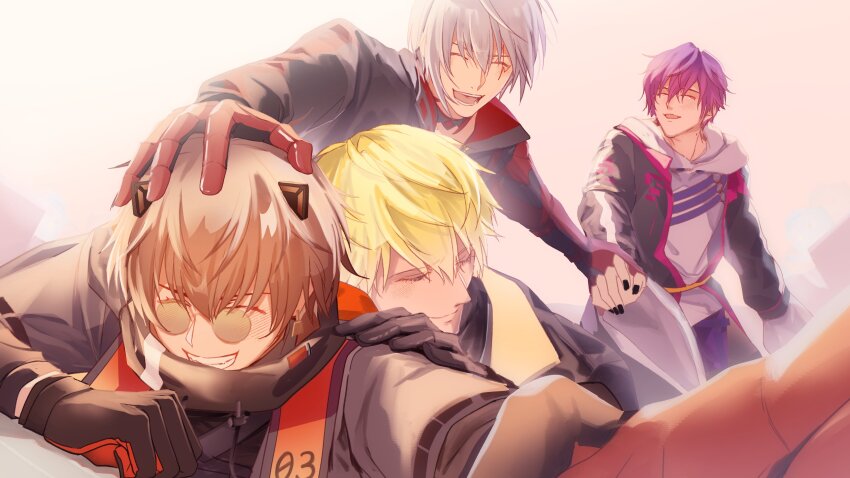 4boys :d ^_^ absurdres alban_knox alban_knox_(1st_costume) black_choker black_coat black_gloves black_hoodie black_jacket black_nails blonde_hair blush brown-tinted_eyewear brown_hair chest_harness choker closed_eyes closed_mouth coat commentary crossed_bangs drawstring english_commentary facial_tattoo fingernails fulgur_ovid fulgur_ovid_(1st_costume) glasses gloves grey_hair grin hair_between_eyes hand_on_another&#039;s_head harness highres holding_hands hood hood_down hoodie hug hug_from_behind jacket long_sleeves male_focus mechanical_arms mole mole_on_neck multiple_boys nail_polish nijisanji nijisanji_en noctyx o-ring o-ring_harness open_clothes open_coat open_mouth orange_gloves otama_ikazoruk outstretched_arm purple_hair purple_hoodie round_eyewear short_hair smile sonny_brisko sonny_brisko_(1st_costume) tattoo teeth tinted_eyewear two-tone_gloves uki_violeta uki_violeta_(1st_costume) virtual_youtuber wide_sleeves