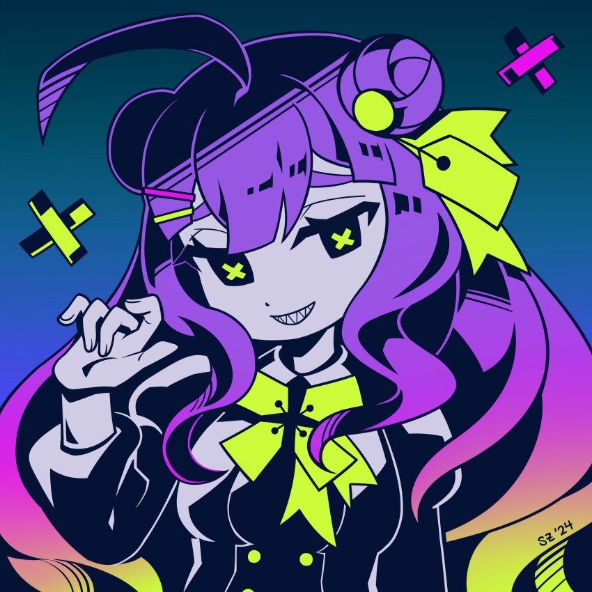 1girl absurdres ahoge black_jacket blue_background bug_(vocaloid) buttons dot_nose double-breasted double_bun gradient_background green_pupils hair_bun hair_ornament hairclip head_tilt highres holding jacket long_hair long_sleeves looking_at_viewer multicolored_hair price_tag purple_hair sharp_teeth smile solo sylvenpsd symbol-shaped_pupils teeth x-shaped_pupils