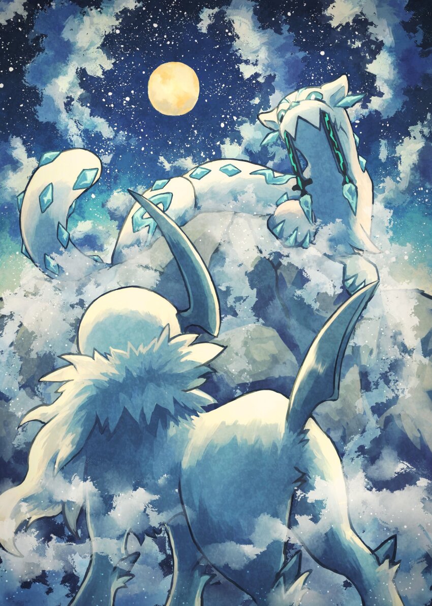 7_phi_3 absol absurdres animal_focus blue_eyes bright_pupils chien-pao claws full_moon gen_3_pokemon highres ice looking_at_another lying moon night nintendo no_humans on_stomach outdoors pokemon pokemon_(creature) rock standing tusks white_fur white_pupils