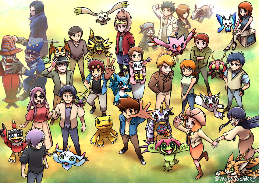 absurdres agumon archnemon armadimon bakumon bearmon bug digimon digimon_(creature) digimon_adventure:_last_evolution_kizuna digimon_adventure_02 digimon_adventure_02:_digimon_hurricane_jouriku!!_chouzetsu_shinka!!_ougon_no_digimental digimon_adventure_02:_the_beginning digimon_adventure_tri. floating gabumon gomamon happy hat hawkmon hida_iori highres himekawa_maki ichijouji_ken inoue_miyako ishida_yamato izumi_koshiro jacket kido_jo looking_at_viewer lopmon meicoomon menoa_bellucci mochizuki_meiko morphomon motomiya_daisuke mummymon nishijima_daigo oikawa_yukio owada_rui palmon patamon piyomon running smile tachikawa_mimi tailmon takaishi_takeru takenouchi_sora tentomon terriermon ukkomon v-mon wallace_(digimon) wings wormmon yagami_hikari yagami_taichi