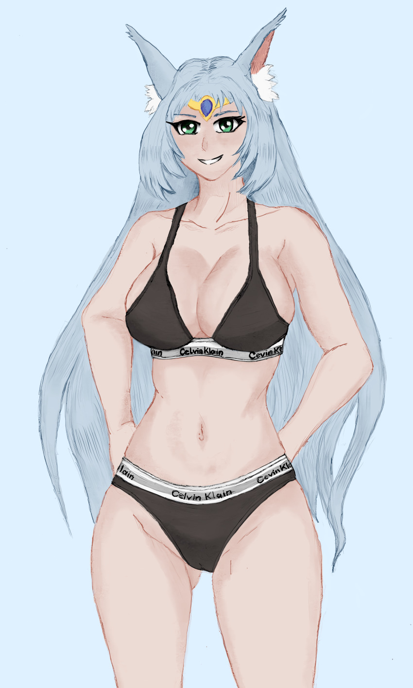 1girl absurdres animal_ears apollousa_bow_of_the_goddess black_bra black_panties bra breasts calvin_klein cleavage green_eyes grey_hair highres large_breasts lingerie long_hair nekrozvalkyrus panties solo sports_bra underwear underwear_only yu-gi-oh!