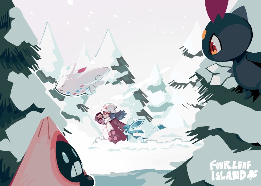 1girl artist_name blue_eyes claws closed_eyes dawn_(pokemon) flying fourleafisland gen_2_pokemon gen_3_pokemon gen_4_pokemon glaceon highres in-universe_location nintendo outdoors pokemon pokemon_(creature) pokemon_dppt pokemon_platinum sneasel snorunt snowing togekiss tree twitter_username winter