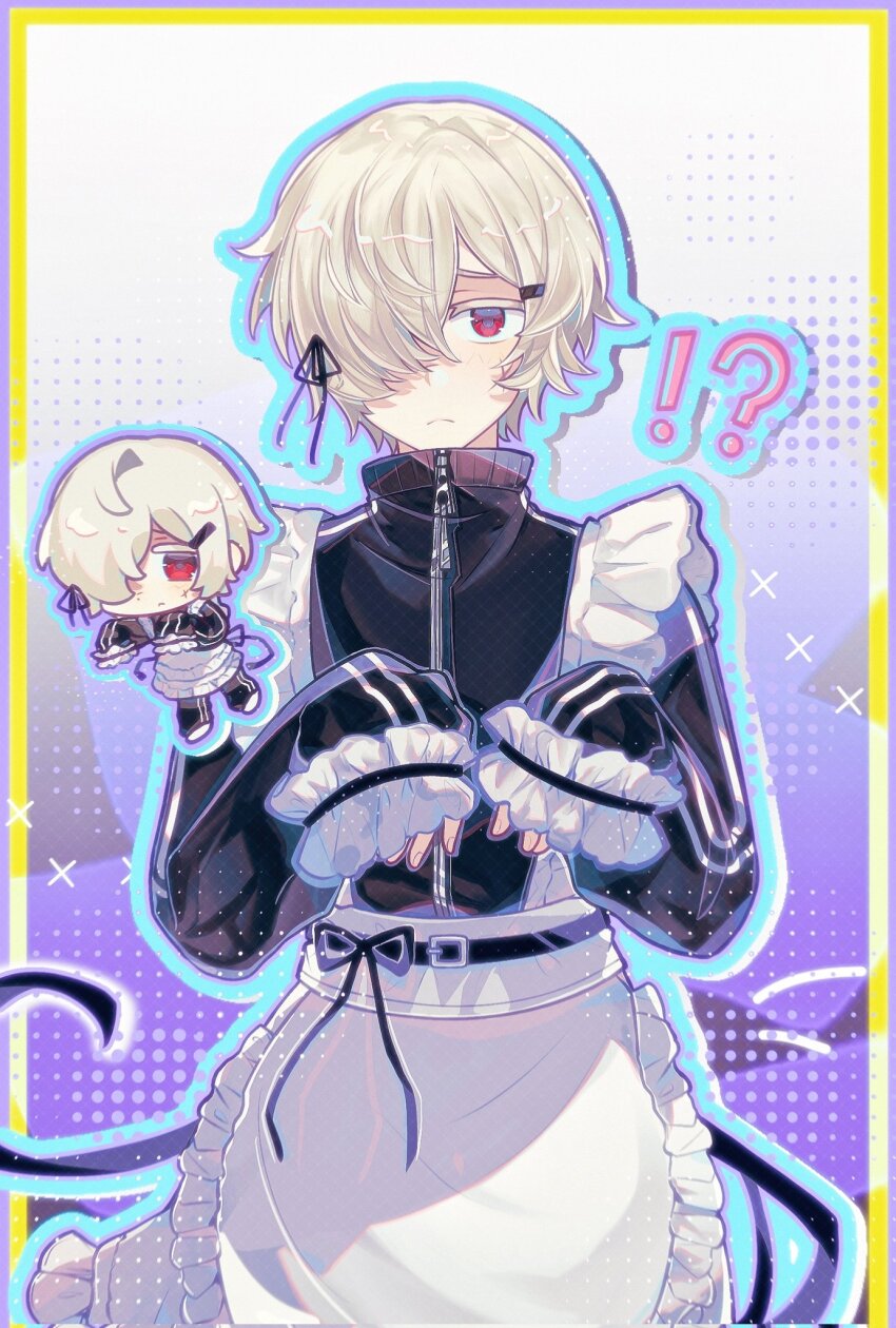 !? 1boy albino andrew_kreiss apron black_jacket black_ribbon blonde_hair chibi cross_scar crossdressing crossdressing_(mtf) facial_scar frilled_sleeves frills ghost_pose hair_over_one_eye hair_ribbon highres identity_v jacket jersey_maid looking_at_viewer maid maid_apron male_focus male_maid red_eyes ribbon ribbon-trimmed_sleeves ribbon_trim scar scar_on_cheek scar_on_face short_hair sleeves_past_wrists solo unconventional_maid upper_body waist_apron wansui5134