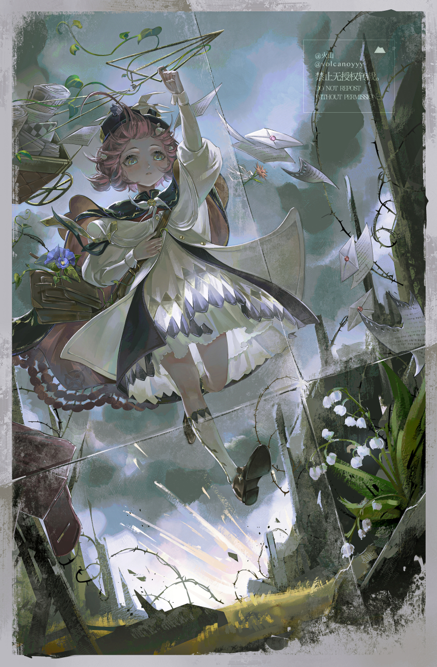 1girl absurdres artist_name bag barbed_wire blush border brown_bag brown_shoes cape chinese_commentary coat commentary dress english_commentary envelope floating_paper flower flutterpage full_body grey_border hat highres kneehighs lily_of_the_valley long_sleeves looking_at_viewer midair mixed-language_commentary morning_glory muted_color newspaper official_alternate_costume origami outdoors parted_lips pink_hair reverse:1999 running shoes shoulder_bag socks solo toy_airplane twitter_username volcanoyyy white_flower