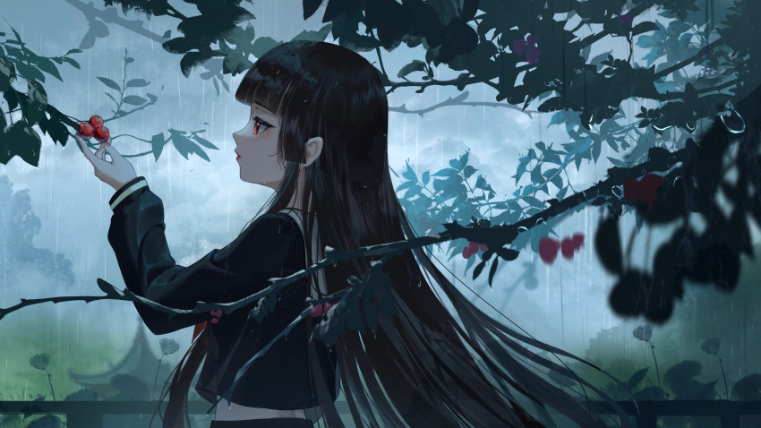 1girl absurdres backlighting black_hair black_serafuku black_shirt blunt_bangs blush cherry enma_ai food from_side fruit highres jigoku_shoujo long_hair long_sleeves midriff_peek outdoors parted_lips profile rain red_eyes sailor_collar school_uniform serafuku shirt solo tree upper_body very_long_hair xiaoshan_jiang