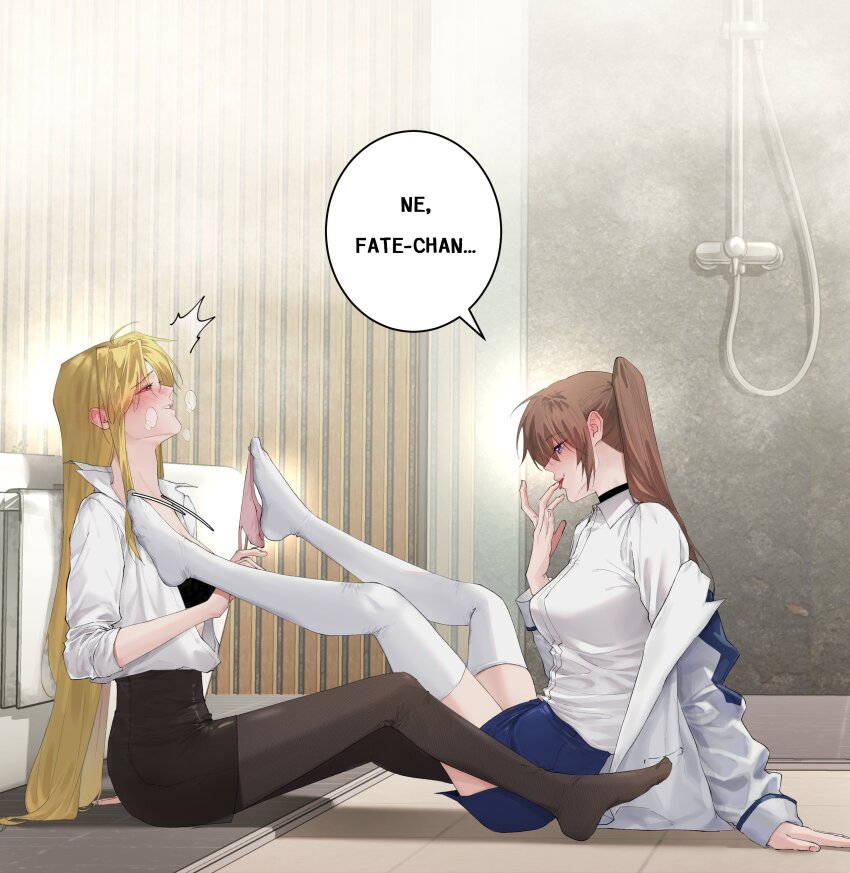 2girls absurdres assertive_female black_bra black_skirt blonde_hair blue_skirt blush bra brown_hair collared_shirt commentary fate_testarossa finger_to_own_chin highres kaichan2536 long_hair lyrical_nanoha mahou_shoujo_lyrical_nanoha_strikers mahou_shoujo_lyrical_nanoha_vivid multiple_girls naughty_face panties panties_around_leg pantyhose pink_panties shirt shower_head skirt speech_bubble takamachi_nanoha thighhighs tsab_air_military_uniform tsab_executive_military_uniform underwear very_long_hair white_shirt white_thighhighs yuri zettai_ryouiki