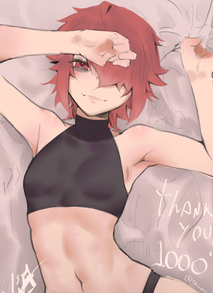 1girl armpits bags_under_eyes bed_sheet deccatezu hair_over_one_eye highres holding holding_sheet lips looking_at_viewer milestone_celebration navel on_bed original red_eyes red_hair saya_(deccatezu) short_hair sleeveless sleeveless_turtleneck turtleneck twitter_username