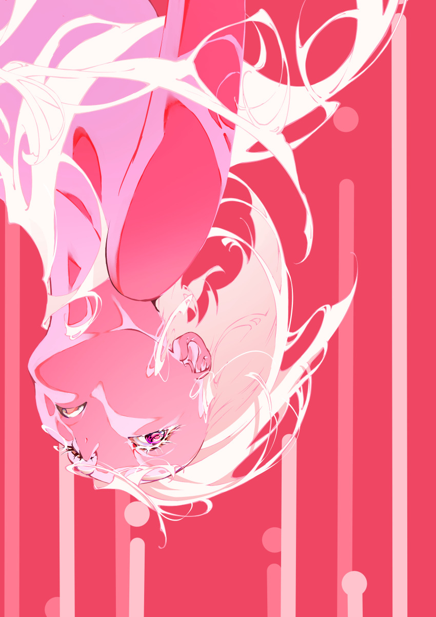 1girl absurdres colored_eyelashes commentary_request highres long_hair nico-tine nude original parted_lips pink_background pink_hair pink_theme solo upper_body upside-down white_hair