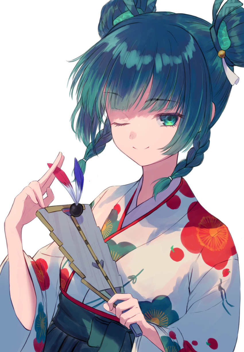1girl ;) absurdres alternate_costume alternate_hairstyle braid closed_mouth double_bun floral_print floral_print_kimono green_eyes green_hair green_hakama hagoita hair_bun hakama hakama_skirt hane_(hanetsuki) hanetsuki highres holding holding_paddle japanese_clothes kimono one_eye_closed paddle print_kimono qingyi_(zenless_zone_zero) riyusan_(bamiyanhiyoyoyo) shirt side_braids simple_background skirt smile solo twin_braids upper_body white_background white_kimono white_shirt zenless_zone_zero