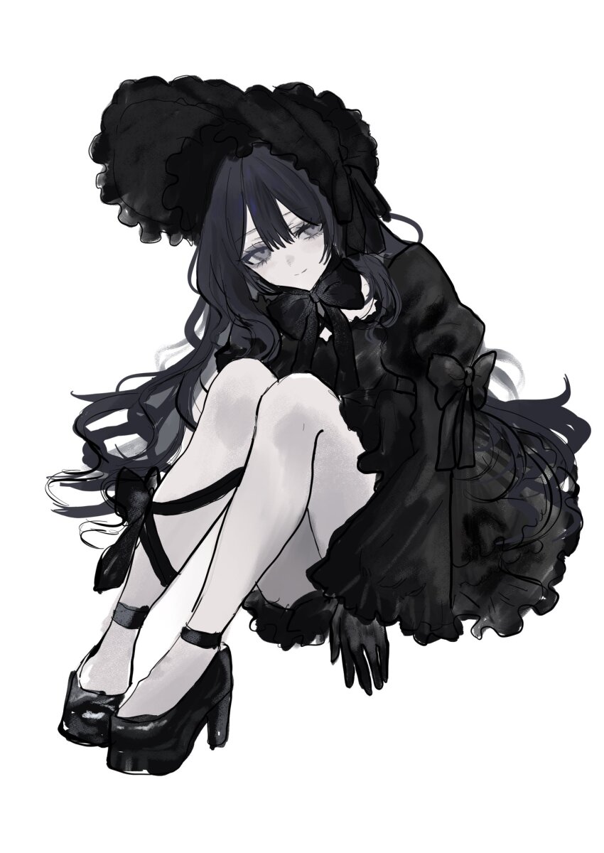 1girl akai_ringo_(eveyuno) black_dress black_hairband black_headdress black_ribbon dress grey_eyes hairband highres neck_ribbon original ribbon sitting solo white_background