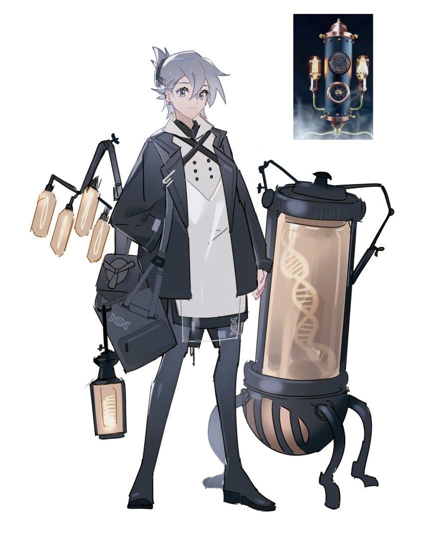 1girl absurdres aibivy black_footwear closed_mouth collared_shirt commentary dna ear_piercing full_body grey_eyes grey_hair grey_jacket grey_pantyhose hair_between_eyes hand_in_pocket highres jacket lantern light_bulb light_smile long_sleeves looking_at_viewer open_clothes open_jacket original pantyhose personification piercing reference_inset shirt short_hair solo standing symbol-only_commentary vacuum_tube white_shirt