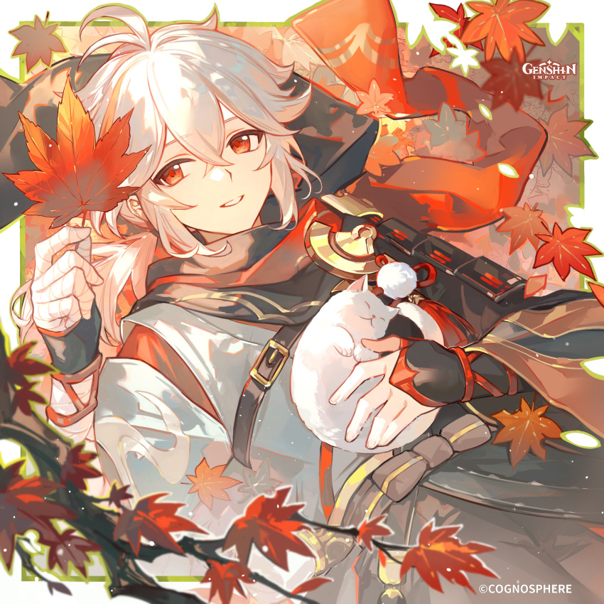 1boy absurdres ahoge autumn_leaves bandaged_arm bandages belt brown_belt cat cat_on_chest commentary copyright_name crossed_bangs english_commentary genshin_impact hair_between_eyes highres holding holding_leaf kaedehara_kazuha leaf long_sleeves lying male_focus official_art on_back parted_lips red_eyes sidelocks solo white_cat white_hair