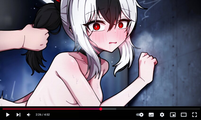 against_wall black_hair black_horns blue_archive blush breasts bright_pupils collar completely_nude fake_screenshot grabbing_another&#039;s_hair highres horns kayoko_(blue_archive) looking_at_viewer manli mole mole_on_neck multicolored_hair nude ponytail red_eyes red_horns scanlines small_breasts striped_horns two-tone_hair white_hair white_pupils